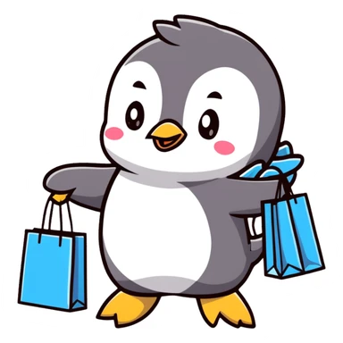 kawaii baby penguin at a shopping mall with shopping bags sticker