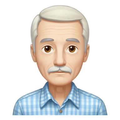 Skinny man in his 70s with fair skin. Long narrow face. Gentle light brown eyes. Fine straight white hair with light bangs touching eyebrows. Thin eyebrows. White goatee connected to mustache. Slender appearance. Wearing a light blue and beige checkered button-up shirt. sticker