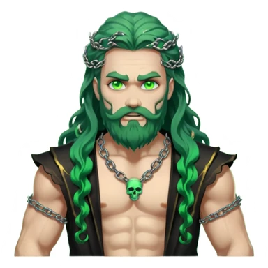 hades greek god with green flames and beard with chains on his arms and neck, Long wavy hair. He has some skull accessories Dynamic pose sticker