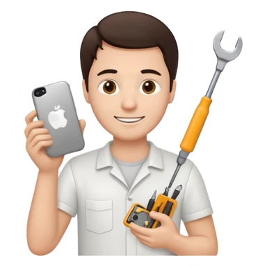 make a white guy with dark brown hair, with a simple white o grey shirt, repairing an iphone happy, tecnician with tools sticker