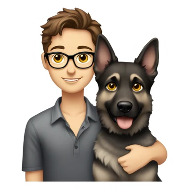 a pretty girl, sweet with brown hair and brown eyes with a handsome boy with brown hair, black thin stylish glasses and (grey eyes) hugging the grey german shepherd (yellow eyes) sticker