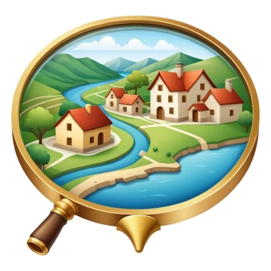 An icon featuring a magnifying glass over a local map, with a small village, traditional house, and natural landmarks like a river and hill, symbolizing local history and geography. Transparent background highlights the study of native land, culture, and heritage. sticker