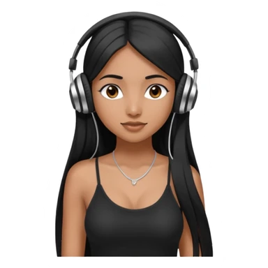 a fair INDIAN girl with straight black long hair, wearing a black cami top. and wearing silver  headphones on sticker