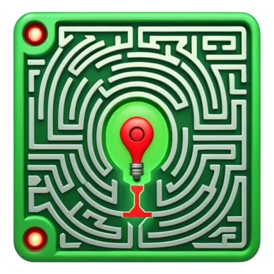 Create a realistic emoji of a maze with different patterns in red which show the wrong way and one way which shows the right way across the maze in green. The maze looks like its programmed with some electric, electronic features sticker