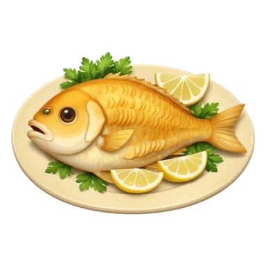 apple style ios emoji cute minimal plate of golden fried fish pescaito frito with lemon wedges and parsley warm tones soft shading sticker