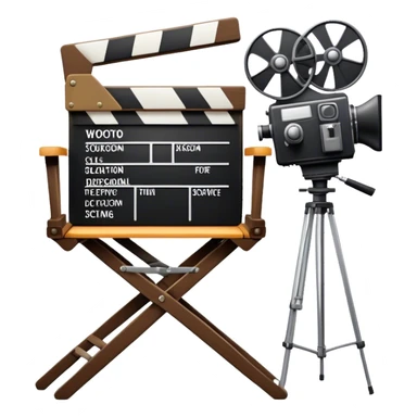 Icon for Directing: a director's chair, a film clapperboard, large movie camera and a stage with a spotlight. The icon should represent the creative and organizational aspects of directing, with focus on storytelling, staging, and performance. Transparent background. sticker