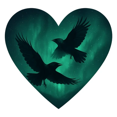  heart with green night sky and dark ravens, remove background sticker