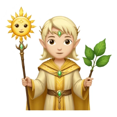 {
      "type": "human",
      "look": "light elf healer, golden robe, staff with leaf and sun motif",
      "description": "a light elf healer wearing a golden robe and holding a staff with leaf and sun symbols"
    } sticker