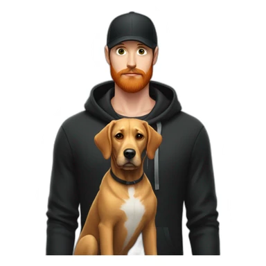 a handsome, slender man in a black cap and a hoodie with a hood worn over the cap, sporting a red beard, standing next to a black Labrador dog sticker