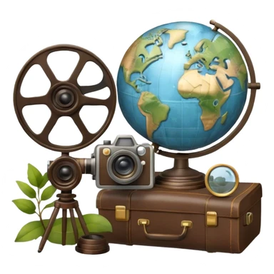 Icon for Documentary Film: A vintage movie poster style with a film reel, a camera, and a globe symbolizing exploration and knowledge. Include elements like a notebook, magnifying glass, and nature or historical visuals to evoke a sense of discovery. Transparent background. sticker