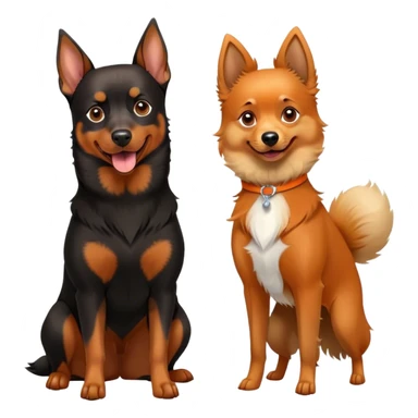 Doberman Pinscher and Pomeranian Spitz standing side by side. The Doberman has a sleek black and tan coat with alert ears, while the Pomeranian has a fluffy orange coat and a joyful expression. Beautiful natural background, with a clear blue sky and green grass. Transparent background. sticker