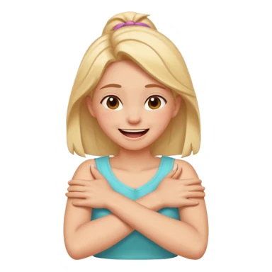 Girl holding neck crossed arms laughing with a fun pointed to her head sticker