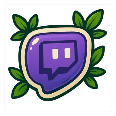 Replace the 'w' with a plump, rounded, cartoon-style Twitch logo. Maintain the same soft, puffy, glossy look with a bold outline, expressive shadows, and bright leaves around the logo. Ensure no sharp corners and no background. Match the reference style closely as shown in the provided image. sticker