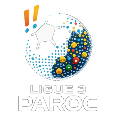 Le logo présente un ballon de football moderne, stylisé en forme de globe digital composé de petits pixels ou emojis sportifs, symbolisant l’alliance entre sport et numérique. Deux points d’exclamation "!!" dynamiques, en biais et colorés, sont placés en haut à gauche du ballon comme un emblème, évoquant l’intensité et l’enthousiasme de la ligue.

En dessous, le nom "Ligue 3 Paroc" est écrit en lettres audacieuses, avec une typographie sportive mais légèrement futuriste. Le mot "Paroc" est accompagné de son emblème discret (ex. : une petite montagne ou vague, selon l'identité visuelle de Paroc Sport). sticker