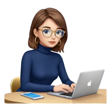 Girl with brown hair, navy blue turtleneck, gold hoop earrings, blue light glasses, working on laptop sticker