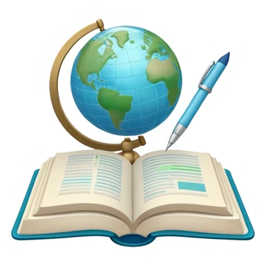 Create an emoji representing language translation. The design should feature a single globe in the background, symbolizing international communication. In front of the globe, place two opened books, with texts in it and a pen nearby to indicate the act of writing. Use a clean and professional color palette with blues, greens, and neutral tones. Do not include any emojis or smiley faces. Make the background transparent sticker