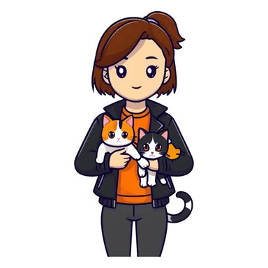 Light-skinned girl with brown straight hair wearing a black jacket, holding one pure white cat and one calico cat with orange black patches sticker