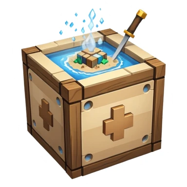 crafting table with tools, stone, wood, glass, sand, steam, water... like a minecraft style cube crafting table 100% like a minecraft cube sticker