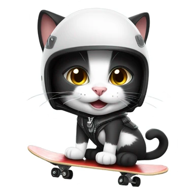 Smiling Black and white cat skateboarding with crash helmet  sticker