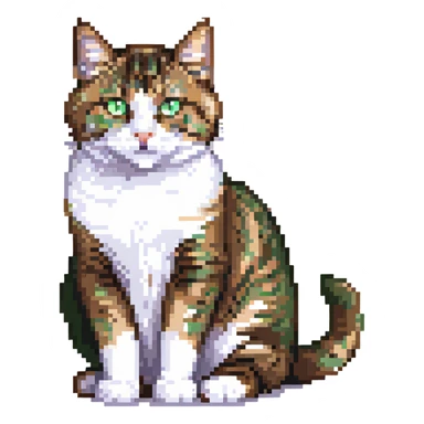 Brown, white, and black tabby cat with green eyes sitting to show its white belly, pixelated art sticker
