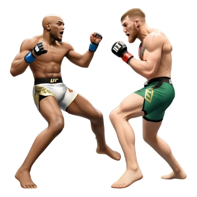 An MMA showdown between Conor McGregor and Anderson Silva in the octagon. McGregor is executing a jumping strike, while Silva skillfully deflects the attack. The background shows the UFC octagon with roaring fans and vibrant energy. Transparent background. sticker