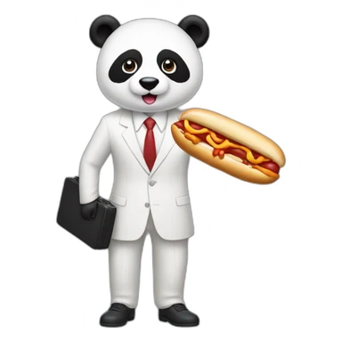 A professor with white suit and red tie and a panda face eating a hotdog and holding a black suitcase sticker