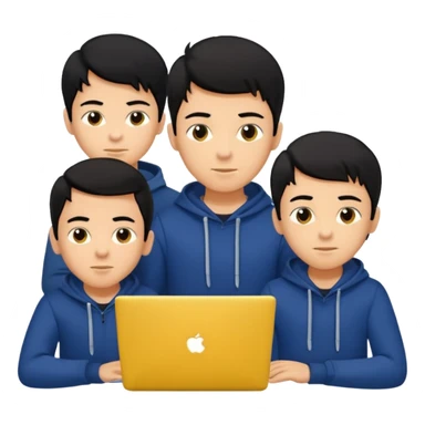 technologist using laptop coding with 2 other technologist color yellow three of it is boy  that using 3 laptop the hair is black and the cloth is dark blue sticker