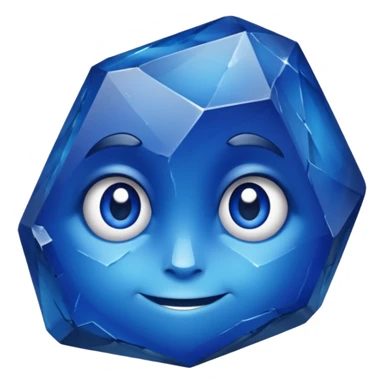 A single sapphire-blue faceted rock head, chunky and worn, with a few visible cracks and chipped facets but still shiny, big kind eyes and a confident smile sticker