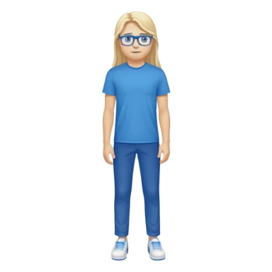 Cheveux  blond long,yeux bleu  t-shirt bleu pantalon bleu chaussure blanc lunettes blanches sticker