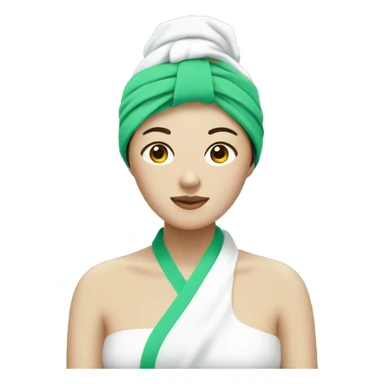 Asian woman wearing towel and towel in her head and a beauty green mask sticker