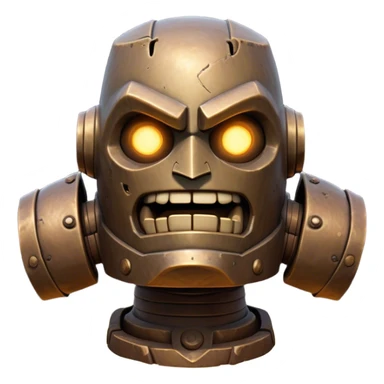 Cinematic Comical Mighty Iron Golem Portrait Emoji Head tilted dramatically with an exaggeratedly amused expression, featuring a bulky, armored form with a slightly lopsided stance, ancient runes flickering erratically, and one massive, jointed hand raised in a slow, deliberate wave. Wide, expressive glowing eyes give it an almost humorous, puzzled look, as if it’s contemplating something far beyond mortal understanding. Rendered with detailed metallic textures and deep, dynamic lighting, high shine, dramatic yet whimsical, styled with a hint of unexpected charm, soft glowing outline, capturing the essence of an endearing yet colossal guardian that looks ready to crack an impossibly slow, earth-shaking joke! sticker