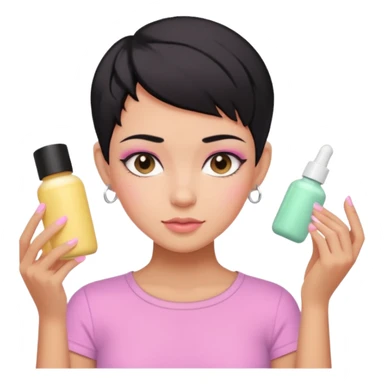 tan girl pink shirt with black hair & a pixie, cut no earrings, doing pastel colors skin care sticker