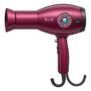 burgundy blow dryer with a ribbon covered in gems sticker