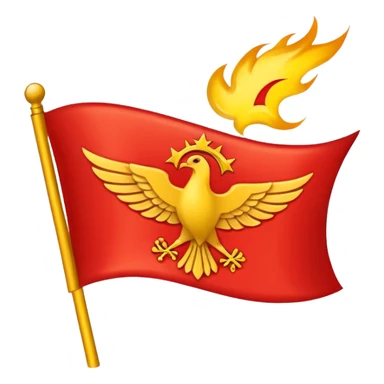 Apple-style emoji of a horizontal rectangle red flag (2:1, not square) with the yellow Syriac nationalist emblem: flame on top, stylized wings, tail with four stars. Flat, simple, bold colors, no shading. sticker