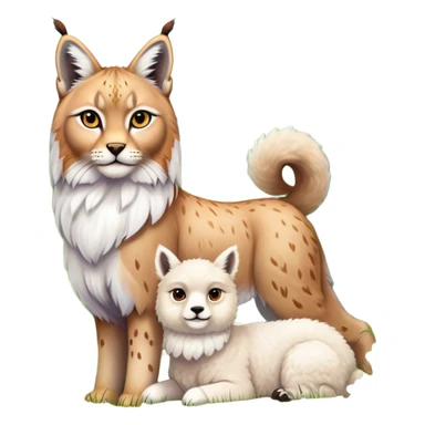 Collage of exotic animals: a lynx with striking eyes, and a fluffy alpaca standing in a lush meadow. The lynx gazes intently while the alpaca looks calm and curious. Surrounded by vibrant plants and flowers. Transparent background for a lively, colorful scene. sticker