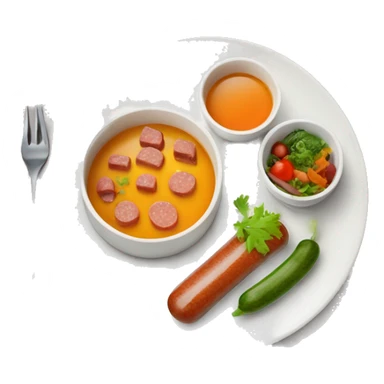 appetite lunch with soup, sausage and vegatables in the plates. Juice in glass. sticker