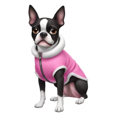Boston terrier wearing a pink winter coat sticker