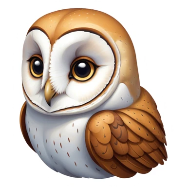 Cinematic Deep Thought Barn Owl Portrait Emoji, Head held high with a serene, contemplative gaze, showcasing its beautifully patterned plumage of white and brown, with eyes deeply focused as if pondering ancient secrets, Simplified yet majestically refined features, highly detailed, glowing with a soft, introspective light, high shine, poised and pensive, stylized with an air of profound wisdom, capturing the essence of an owl immersed in deep thought, so thoughtful it feels like it could silently whisper timeless wisdom from beyond the screen! sticker