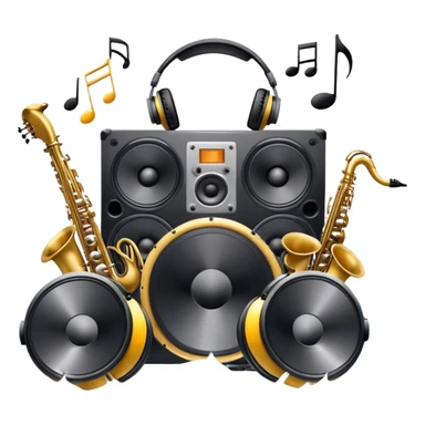 Icon for R&B Music Listening: large concert speakers and headphones with waves of musical notes coming out, along with drums, bass guitar and saxophone. The icon should convey the energetic and rhythmic vibe of R&B music. Transparent background sticker