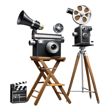 Icon for Directing: a director's chair, a large film camera, a megaphone, a stage set with lights and an Oscar statuette. The icon should represent the creative and leadership aspects of directing, with focus on film and theater production. Transparent background. sticker