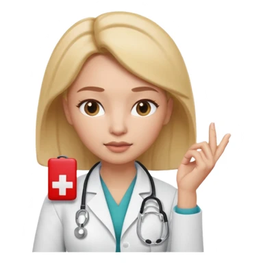 3D memoji female doctor, hand touching chin in thinking pose, thoughtful expression, slightly narrowed eyes, professional medical look, isolated PNG sticker