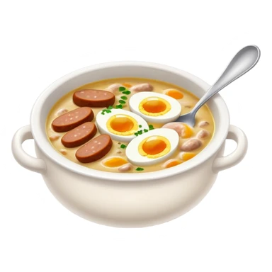 cinematic-realistic zurek-soup-dish-emoji,-depicted-as-a-tangy,-creamy-rye-soup-with-sausage-and-boiled egg-rendered-with-detailed-textures-and-warm,-comforting-lighting. sticker