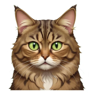 Cinematic Meme-Worthy Grumpy Brown Tabby Cat Portrait Emoji, Head held high but eyes filled with dramatic disappointment, fluffy brown fur with striking tabby markings, signature M-shaped forehead furrowed into an unmistakable scowl, large ears slightly angled back in disapproval, piercing golden-green eyes glaring with pure exasperation, Simplified yet hilariously over-exaggerated features, highly detailed, glowing with an aura of supreme annoyance, high shine, exhausted yet judgmental, stylized with an almost regal pettiness, bright but brooding, soft glowing outline, capturing the essence of a feline that has seen it all and is thoroughly unimpressed, so meme-worthy it feels like it could instantly become the next viral sensation of grumpiness! sticker