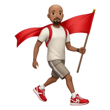 Bald black man with a white goatee in sneakers carrying a red flag sticker