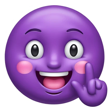 "A glossy 3D purple emoji character with shiny, reflective surface, puffed cheeks as if holding in laughter, eyes squinting mischievously, white cartoon hands — one covering its mouth and the other pointing upward with the index finger. Cute, exaggerated facial expression, smooth rounded shape,  sticker