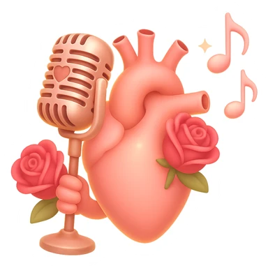 Make the anatomical heart holding a vintage microphone, surrounded by music notes, even more romantic in emoji style. Add roses, soft pink accents, and a gentle glow. No background. sticker