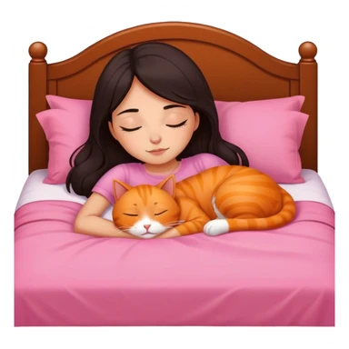 Girl with honey skin and thigh length dark blackish brown hair sleeping in a bed with a pink bed set next to her orange cat sticker