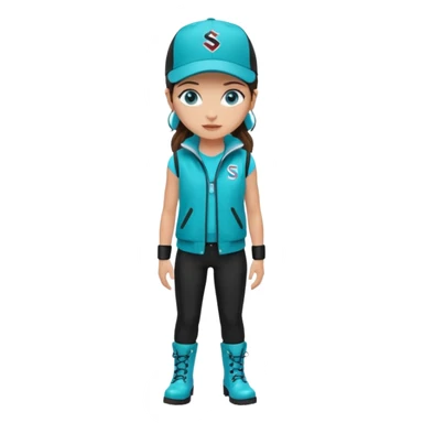 A landscaper in a beautiful turquoise jacket, turquoise rubber boots, and black pants. Over the turquoise jacket, she wears a black sleeveless vest. On her head, she wears a black Swissotel baseball cap. The girl is a brunette with blue eyes. sticker
