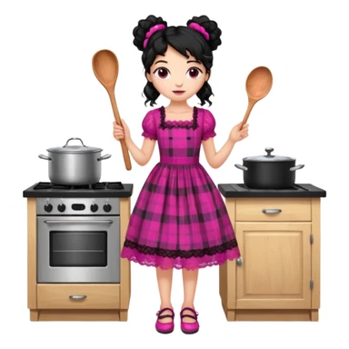 
A beautiful girl wears a fuchsia lace dress with a plaid pattern. Her long, curly black hair is styled in a messy bun. She wears accessories and holds a wooden kitchen spoon. She is standing and wearing black shoes. The illustration style is clipart. sticker