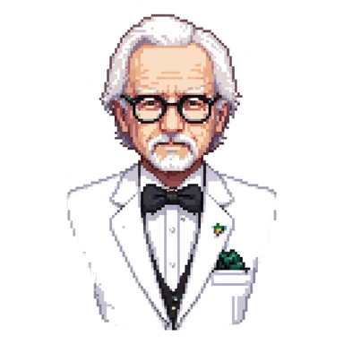 Colonel Sanders KFC, old man with white hair, white goatee, black bow tie, white suit, glasses sticker